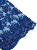 Rhinestone Beaded Fabric - Royal Blue - Beaded Floral Rhinestone Design with Fancy Border Sold By Yard