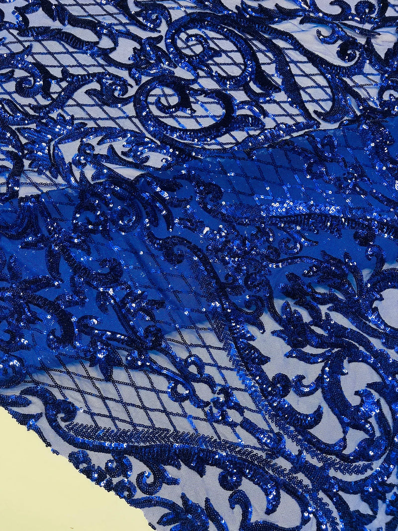 Heart Damask Sequins - Royal Blue - 4 Way Stretch Sequins Fabric By Yard