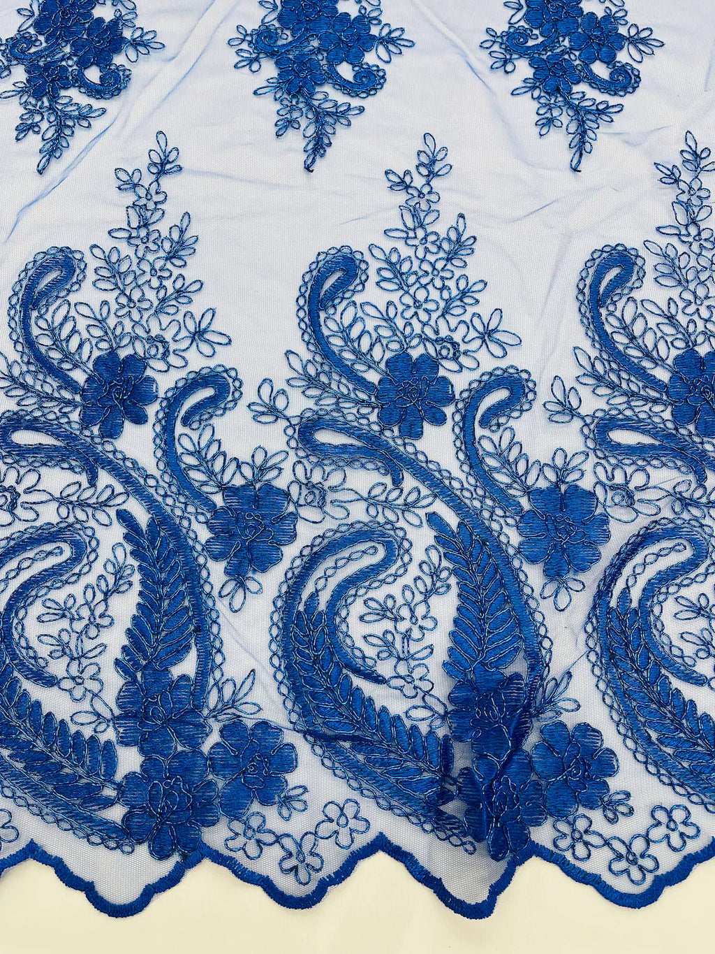 Metallic Corded Lace - Royal Blue - Paisley Floral Fabric with Metallic Thread on a Mesh Lace By Yard