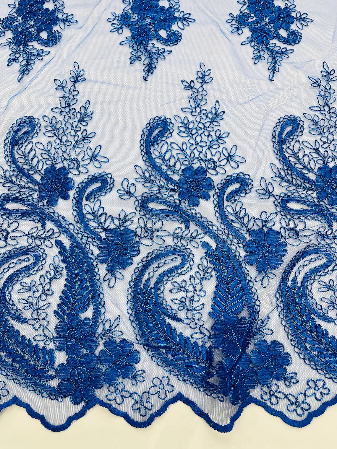 Metallic Corded Lace - Royal Blue - Paisley Floral Fabric with Metallic Thread on a Mesh Lace By Yard