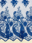 Metallic Corded Lace - Royal Blue - Paisley Floral Fabric with Metallic Thread on a Mesh Lace By Yard