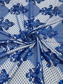 King Damask Design Fabric - Royal Blue - Embroidered Corded Mesh Lace Fabric with Sequins By Yard