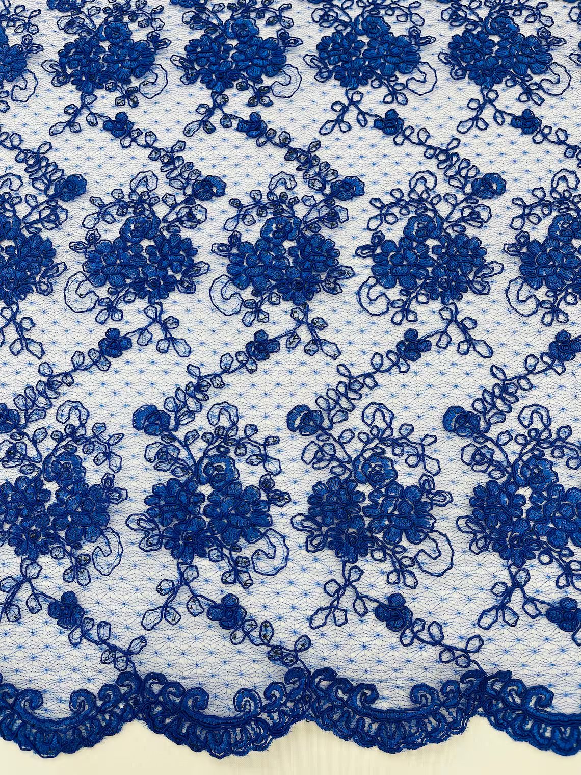 Embroidered Flower Fabric - Royal Blue - Floral Design Scalloped Border Fabric By Yard