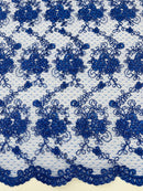 Embroidered Flower Fabric - Royal Blue - Floral Design Scalloped Border Fabric By Yard