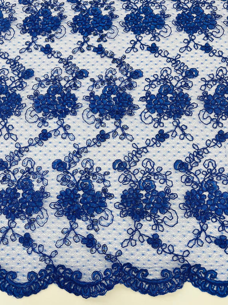 Embroidered Flower Fabric - Royal Blue - Floral Design Scalloped Border Fabric By Yard