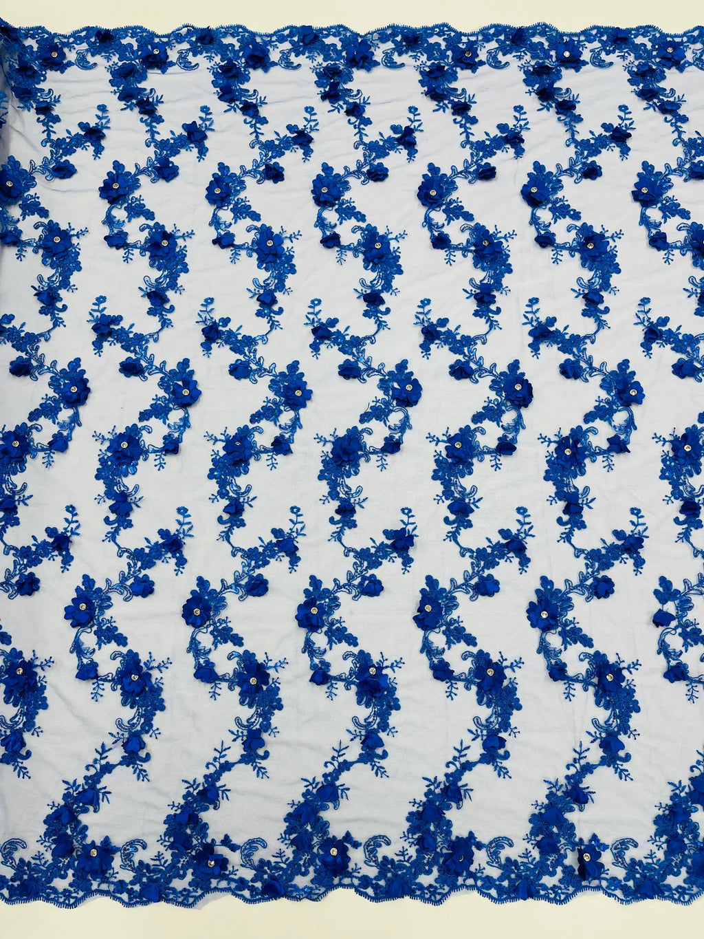 3D Lace Flower Fabric - Royal Blue - Embroidered Sequins and 3D Floral Patterns on Lace By Yard
