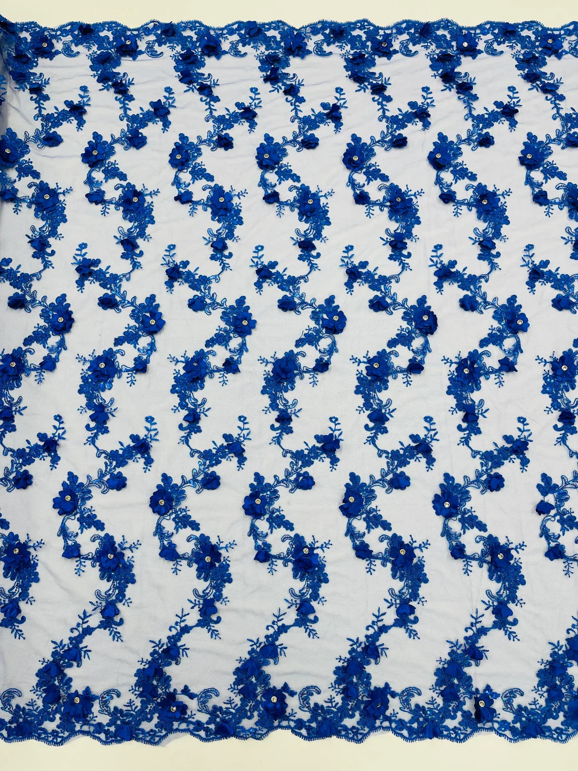 3D Lace Flower Fabric - Royal Blue - Embroidered Sequins and 3D Floral Patterns on Lace By Yard