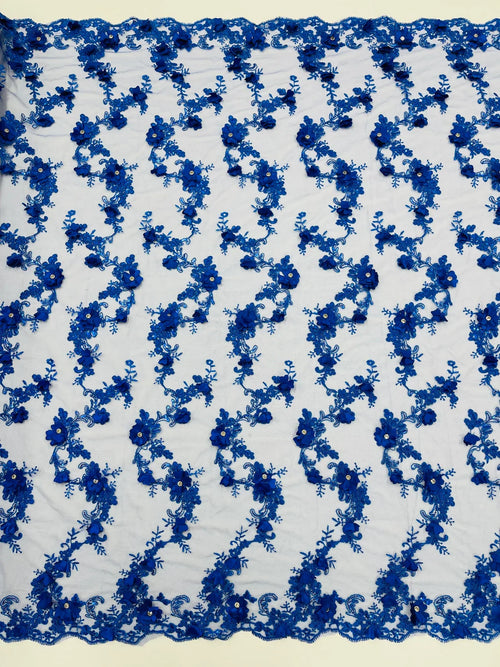 3D Lace Flower Fabric - Royal Blue - Embroidered Sequins and 3D Floral Patterns on Lace By Yard