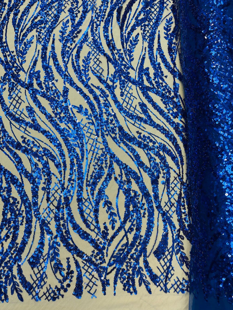 Floral Beaded Wavy Fabric - Royal Blue - Beaded Sequins Wavy Embroidered Fabric Sold By Yard