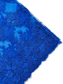 Corded Floral 3D Fabric - Royal Blue - Embroidered Floral Design on Lace Mesh Fabric by Yard