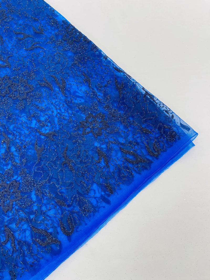 Flower Glitter Fabric - Royal Blue - 3D Floral Tulle Fabric for Wedding, Quinceañera By Yard