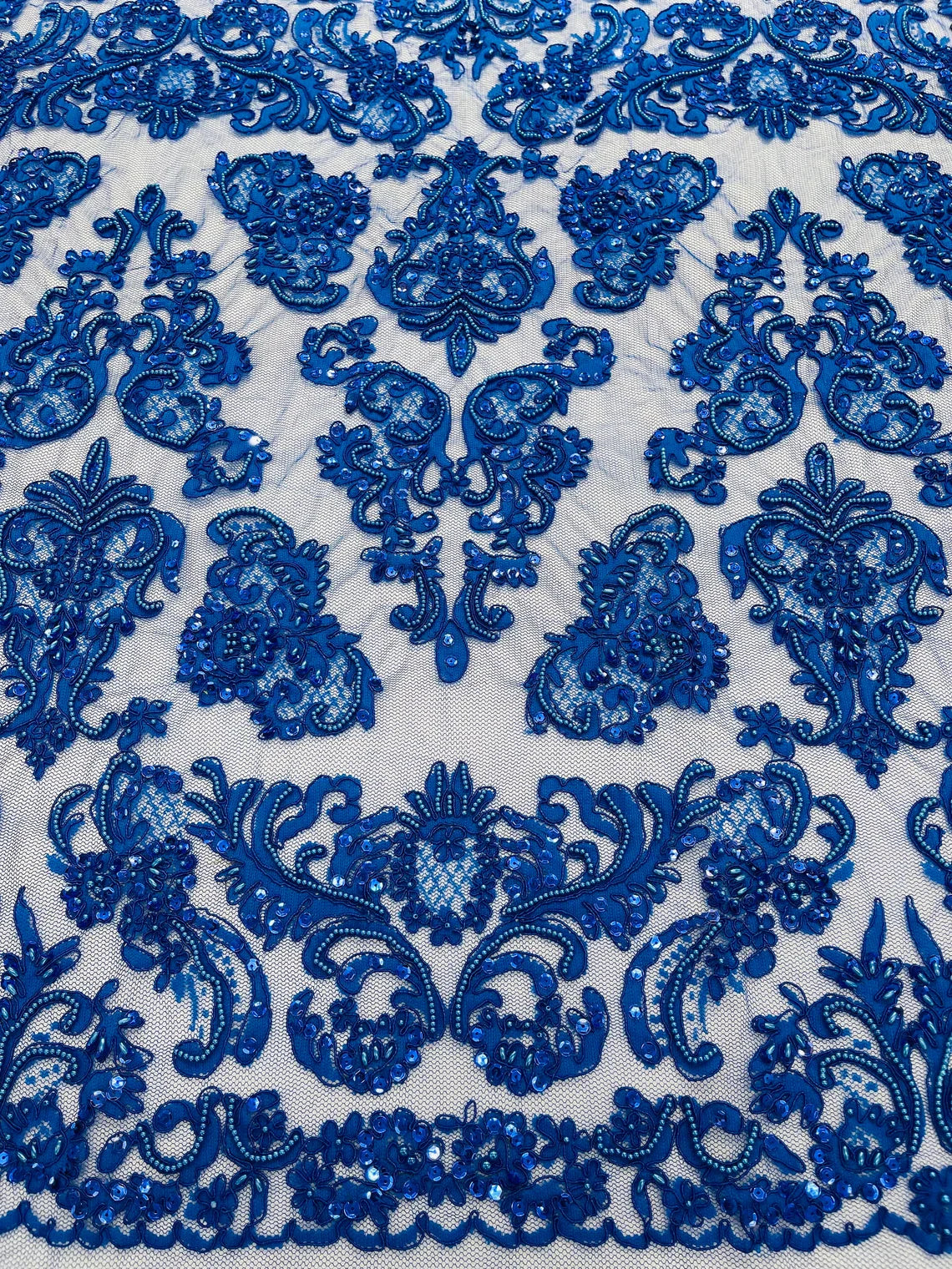 Beaded My Lady Damask Design - Royal Blue - Beaded Fancy Damask Embroidered Fabric By Yard
