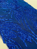 Wavy Leaf Sequins Fabric - Royal Blue - Wavy Lines and Leaves Design on Lace Mesh Fabric by Yard