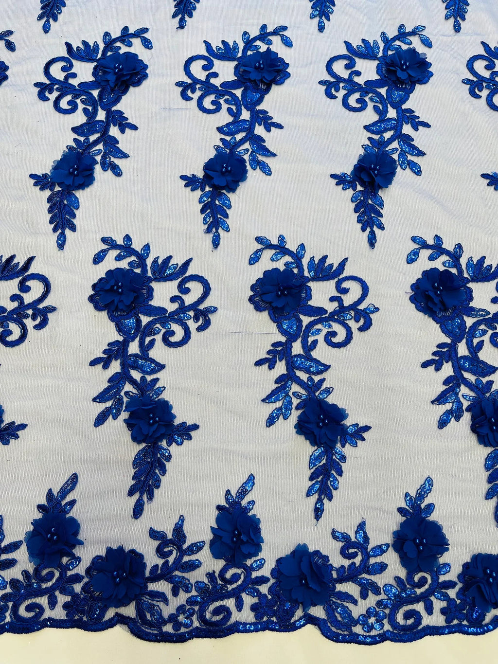 3D Flower Cluster Fabric - Royal Blue - 3D Flower Leaf Design Fabric with Pearls Sold By Yard