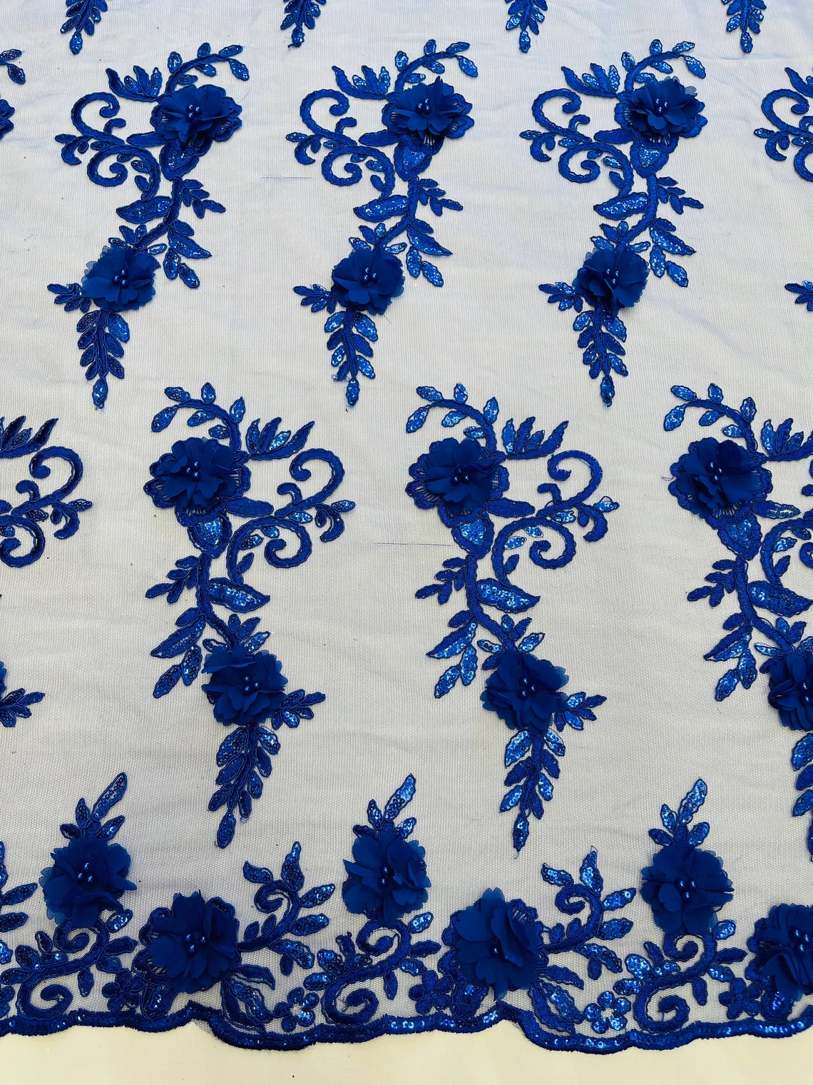 3D Flower Cluster Fabric - Royal Blue - 3D Flower Leaf Design Fabric with Pearls Sold By Yard