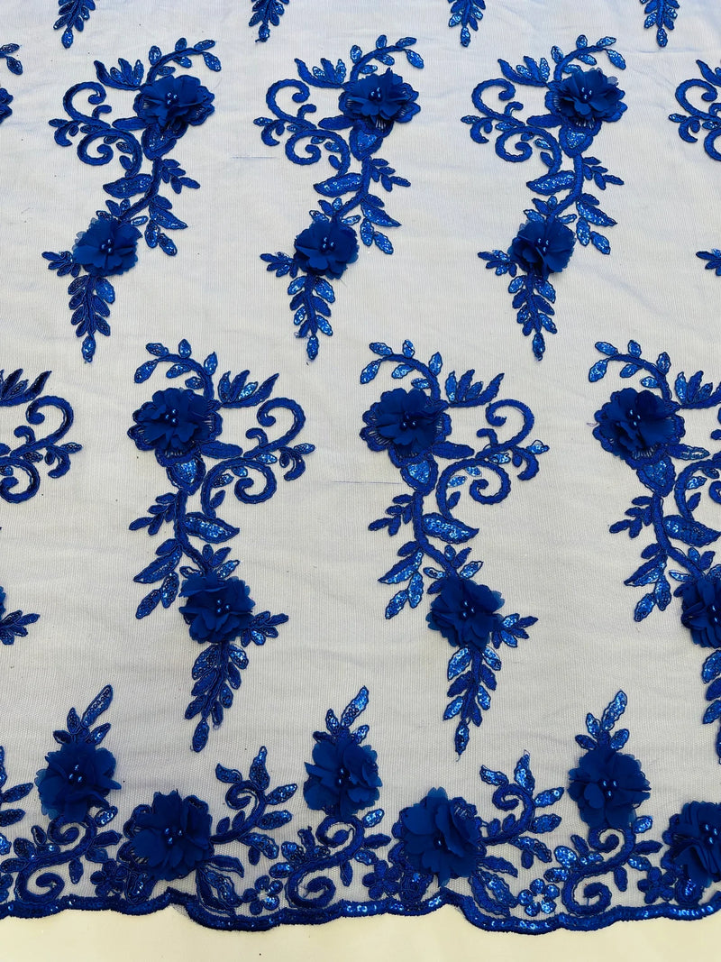 3D Flower Cluster Fabric - Royal Blue - 3D Flower Leaf Design Fabric with Pearls Sold By Yard