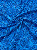 Satin Rosette Sequins Fabric - Royal Blue - 3D Rosette Satin Rose Fabric with Sequins By Yard