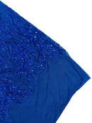 Leaf Design Stretch Sequins - Royal Blue - 4 Way Stretch Lace Mesh Sequins Fabric by Yard