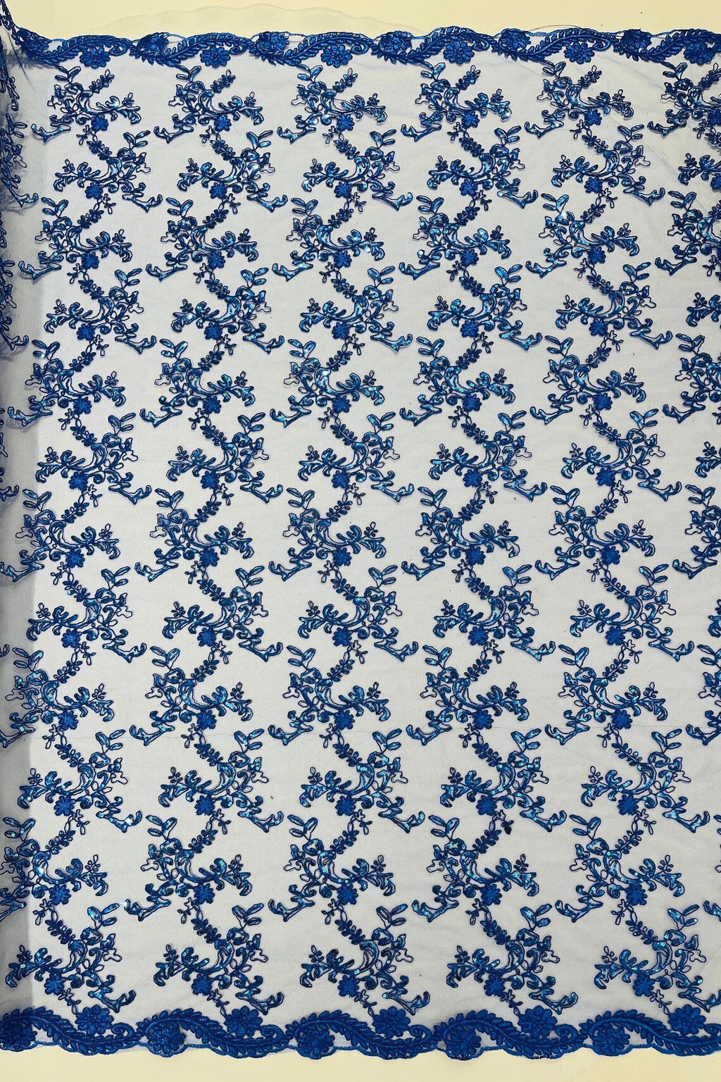 Floral Sequins Lace Fabric - Royal Blue - Embroidery Flower Clusters Design with Shiny Sequins  Fabric Sold By Yard