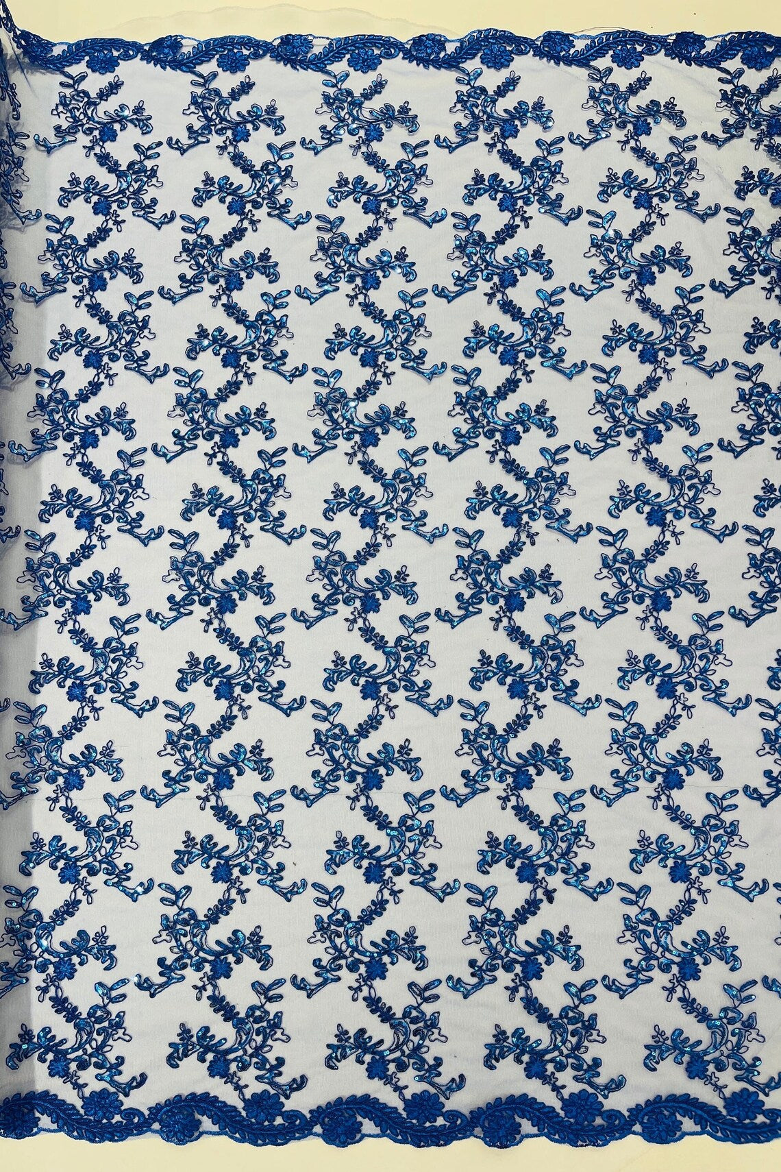 Floral Sequins Lace Fabric - Royal Blue - Embroidery Flower Clusters Design with Shiny Sequins  Fabric Sold By Yard