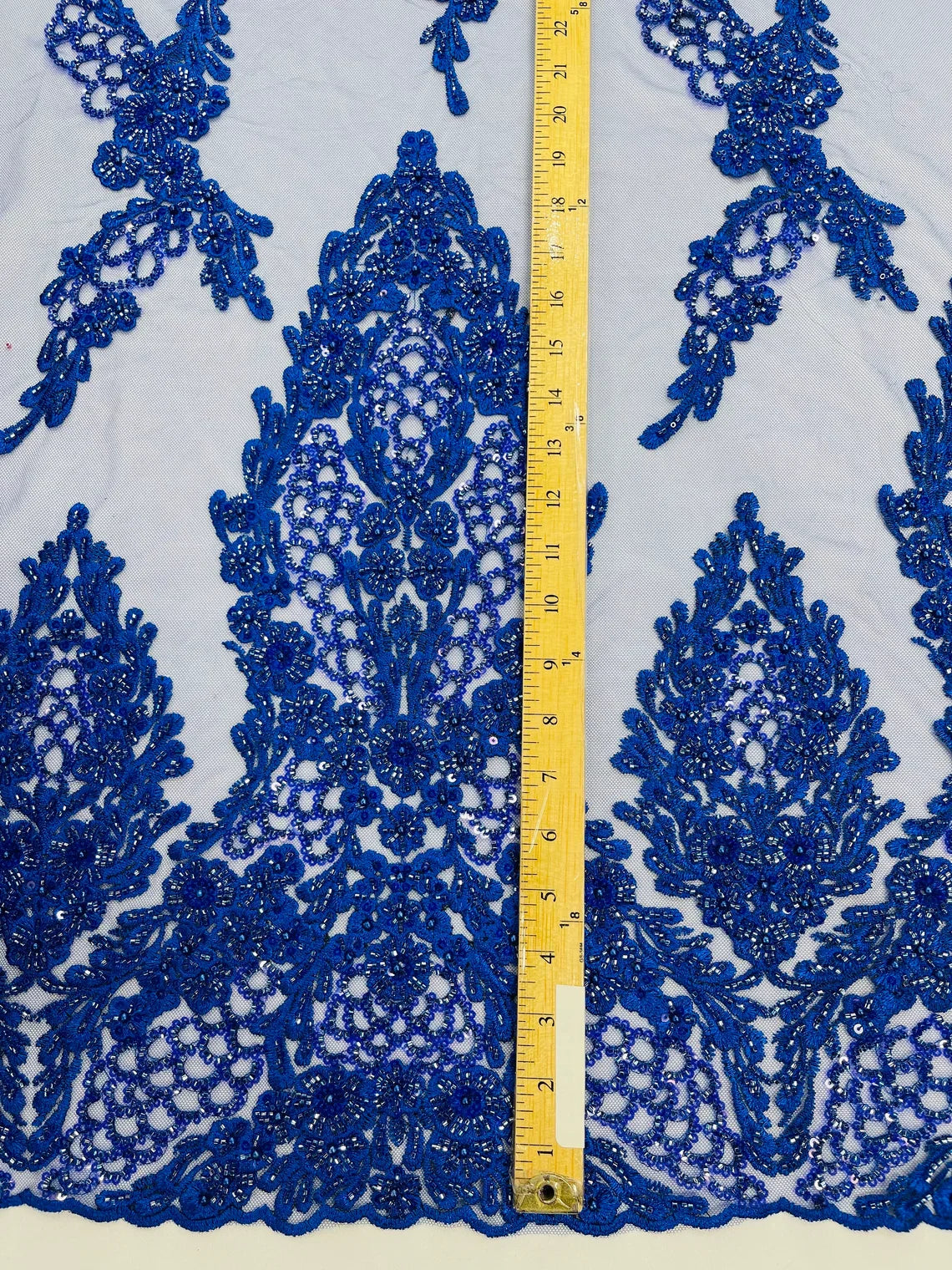 Heavy Bead Floral Fabric - Royal Blue - Beaded Flower Design Fabric Fancy Border By Yard
