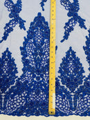 Heavy Bead Floral Fabric - Royal Blue - Beaded Flower Design Fabric Fancy Border By Yard