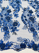 Corded Lace Sequins Fabric - Royal Blue - Embroidered Fancy Flower and Fish Design Sold By Yard