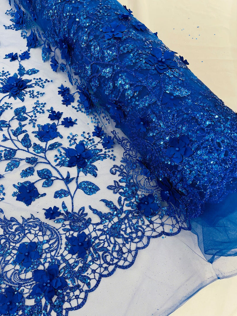 3D Flower Glitter Fabric - Royal Blue - Floral Glitter Sequin Design on Lace Mesh Fabric by Yard