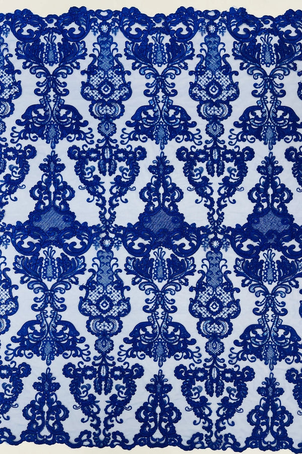 King Lace Pattern Fabric - Royal Blue - Embroidered Sequins on Lace Mesh Fabric By Yard