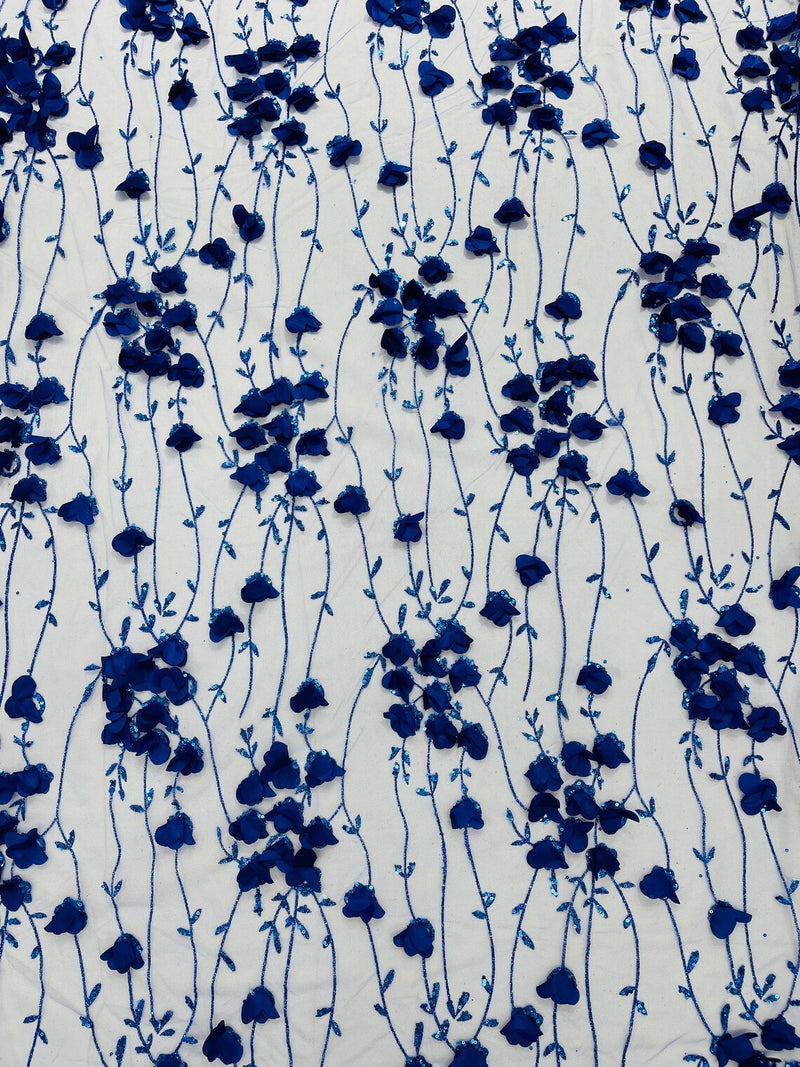 3D Glitter Floral Fabric - Royal Blue - 3D Flowers with Sequins and Glitter on Mesh Sold By Yard