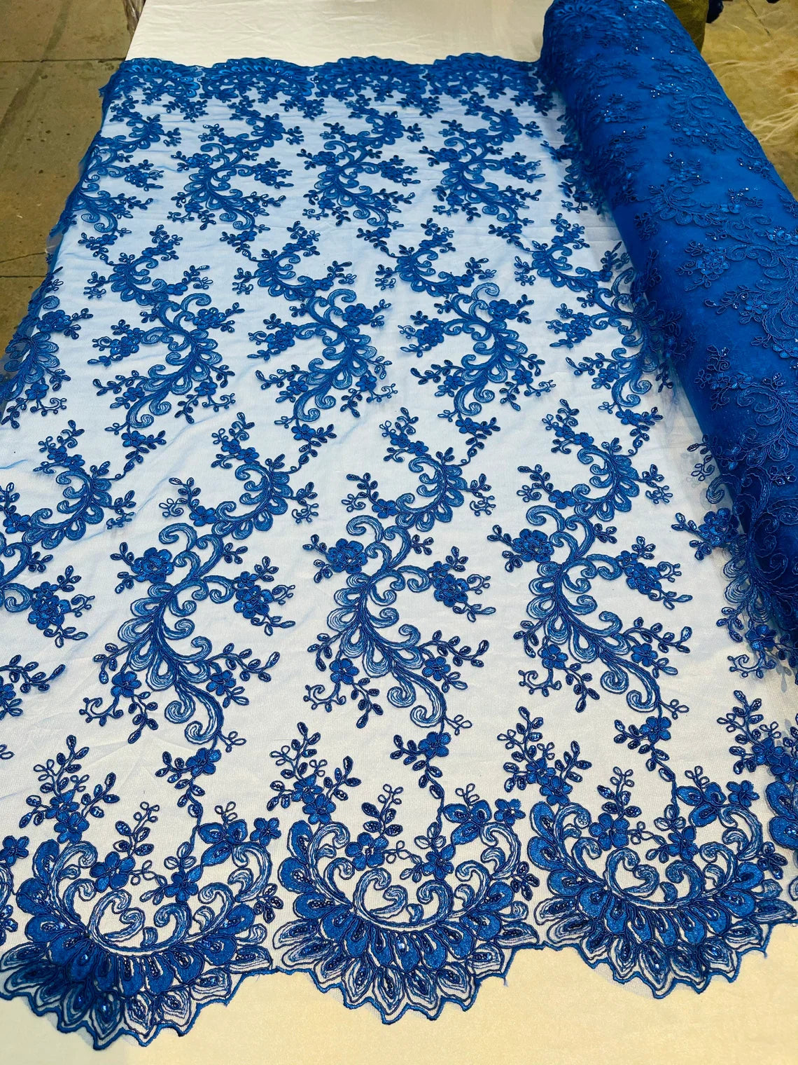 Lace Sequins Fabric - Corded Flower Embroidery Design Mesh Fabric - 25 Yard Roll