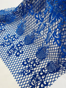Damask on Net Lace Fabric - Royal Blue - Embroidered Lace Mesh Damask Design Fabric by Yard