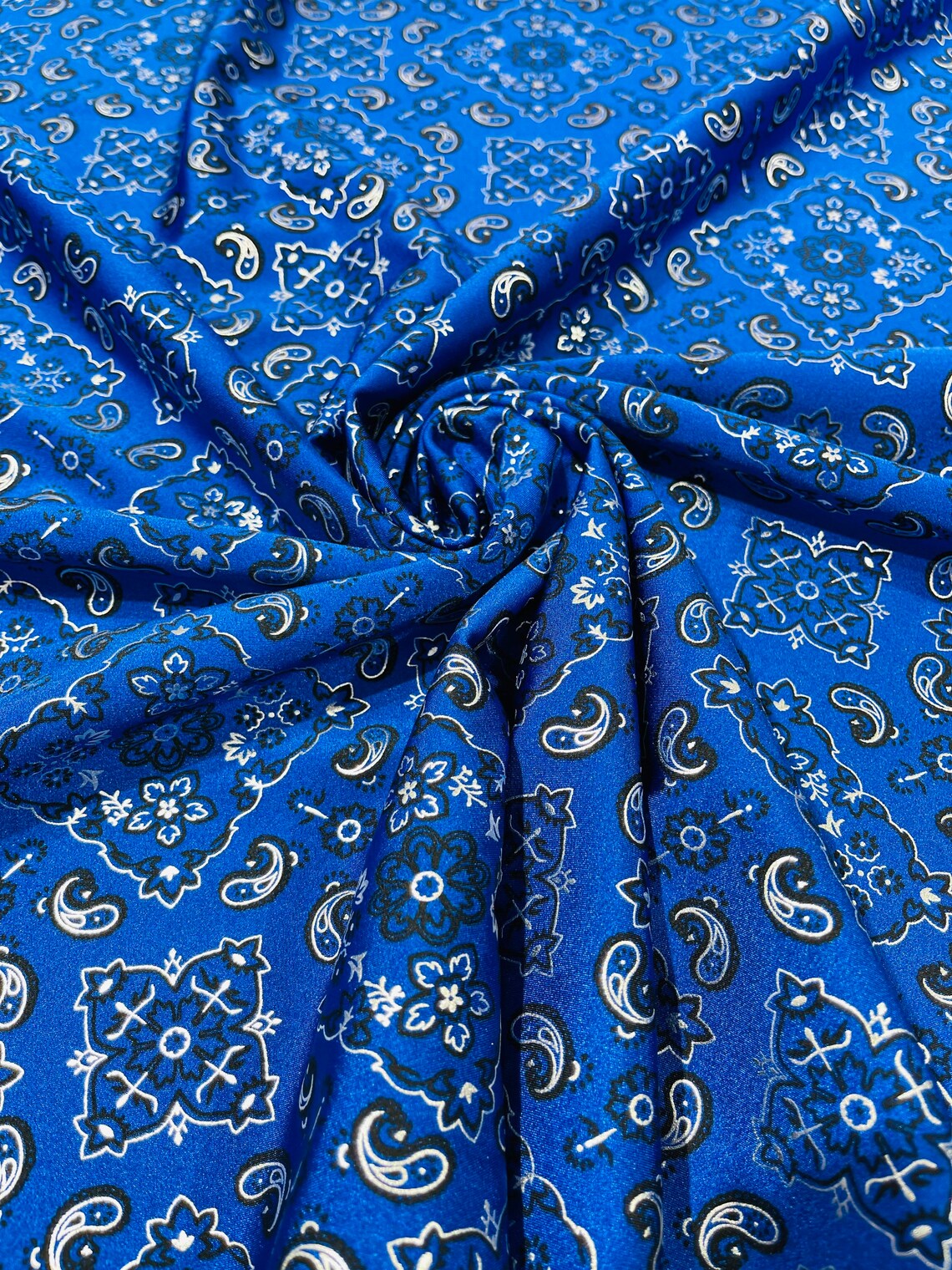 Bandana Print Fabrics - Royal Blue - Lycra Spandex Bandana Fabric Sold By The Yard