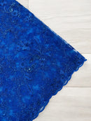 Floral Metallic Lace Fabric - Royal Blue - Corded Embroidered Floral Sequins Fabric by Yard