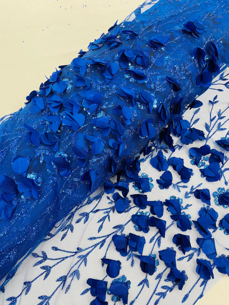 3D Flower Glitter Fabric - Royal Blue - Flower Design on Glitter Mesh Fabric Sold By Yard