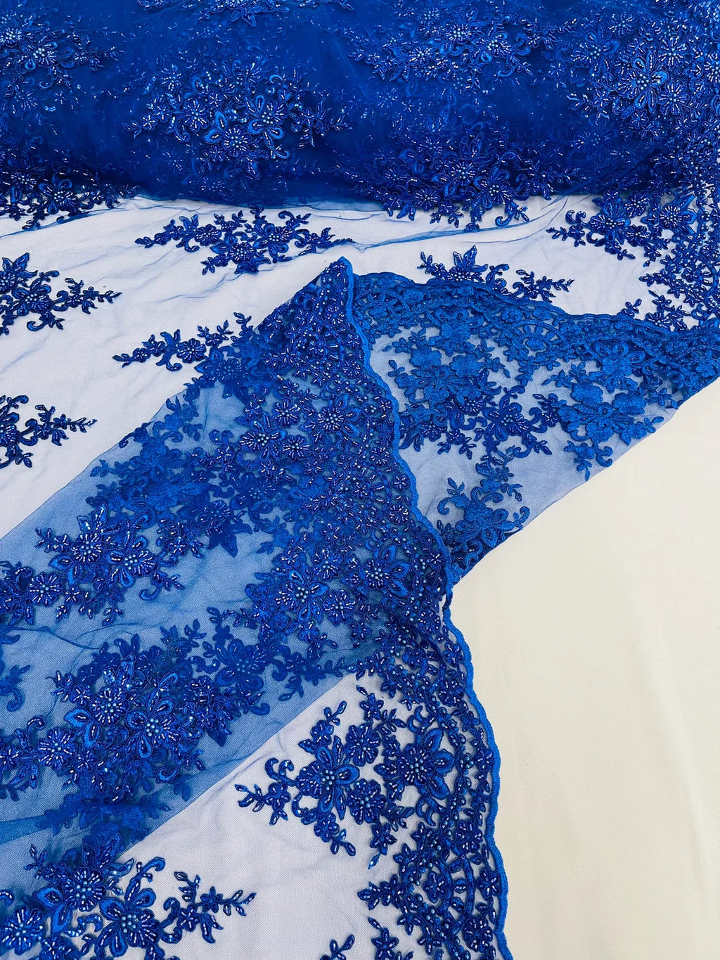 Beaded Shiny Floral Cluster - Royal Blue - Embroidered Luxury Floral Design by Yard