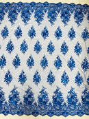 3D Fancy Floral Design Fabric - Royal Blue - 3D Flower Fabric with Small Beads on Lace Sold By Yard