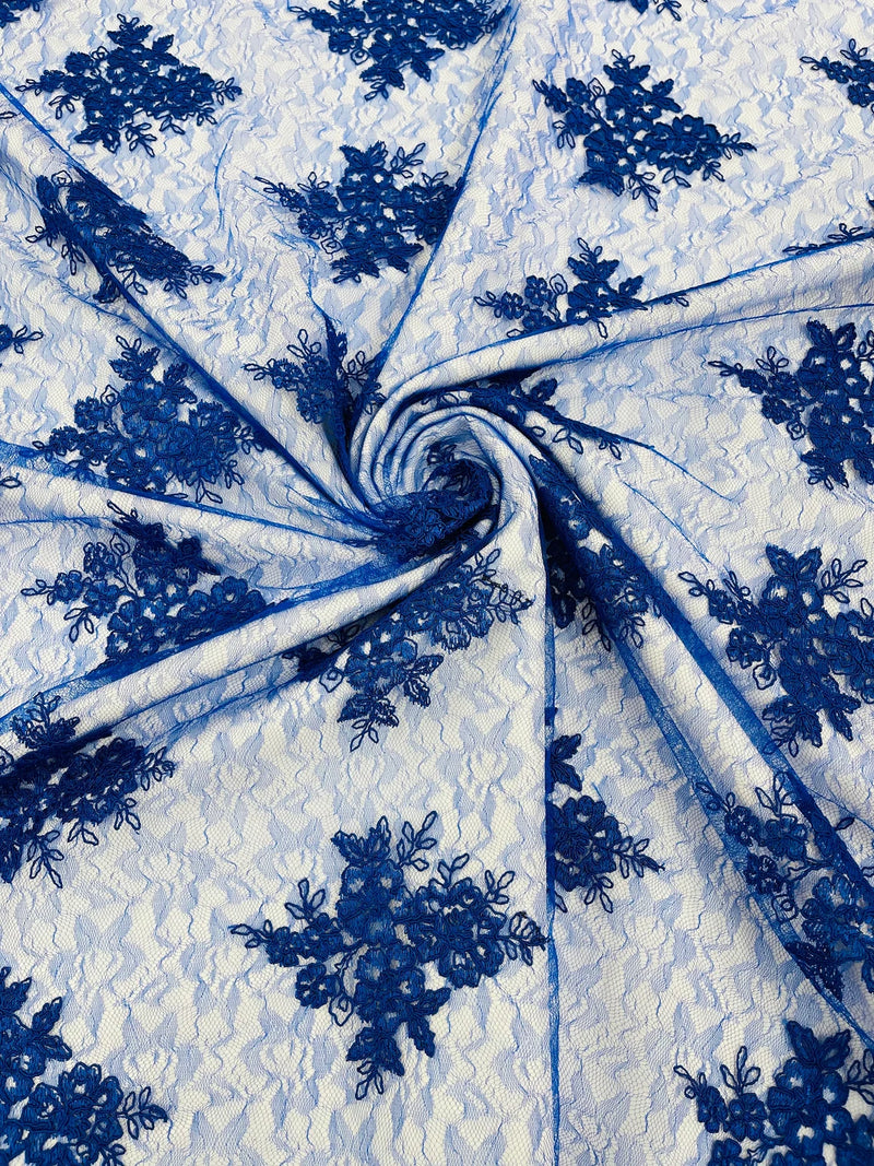 Damask Border Corded Lace - Royal Blue - Floral Cluster Design Damask Border on Lace Fabric Yard