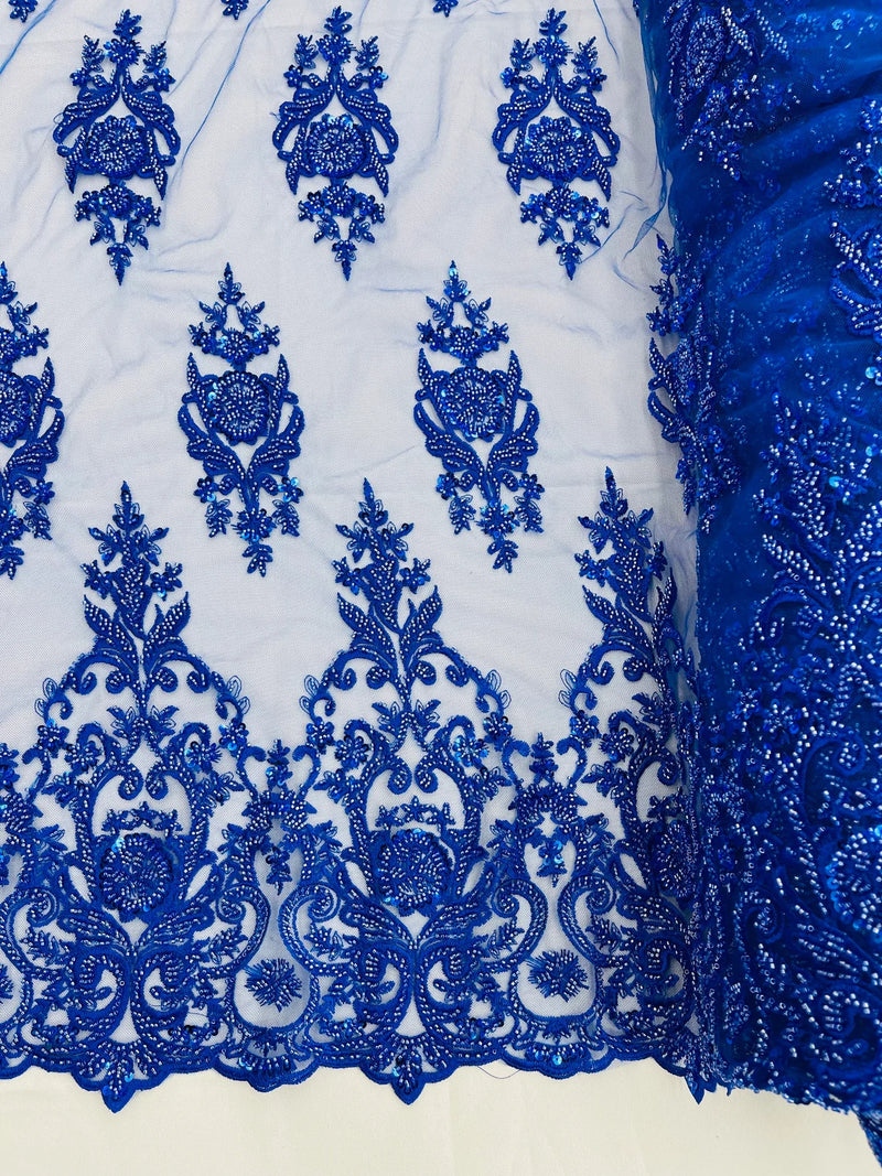 Floral Bead Embroidery Fabric - Royal Blue - Damask Floral Bead Bridal Lace Fabric by the yard