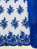 Floral Lace Flower Fabric - Royal Blue - Floral Embroidered Fabric with Sequins on Lace By Yard