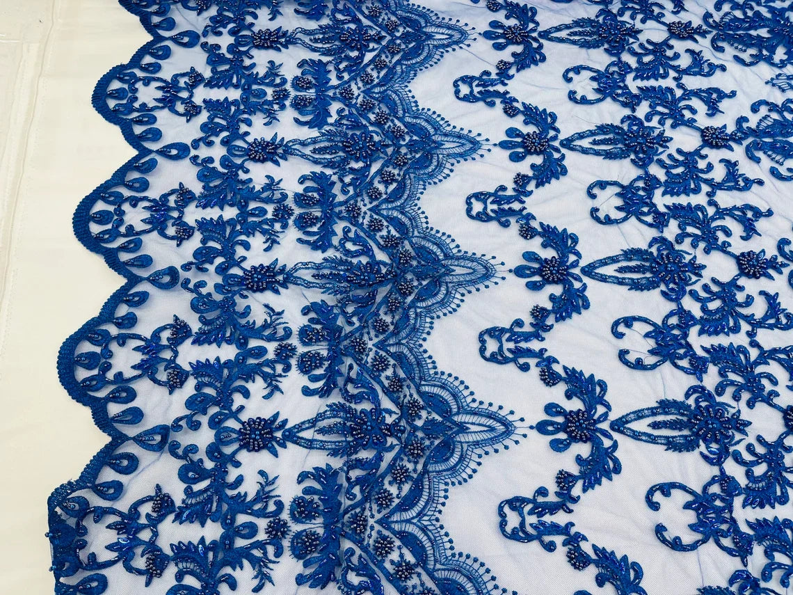 Damask Bead Fabric - Royal Blue - Embroidered Glamorous Fabric with Round Beads Sold By Yard
