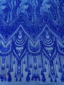 Zig Zag Design Sequins - Royal Blue - 4 Way Stretch Embroidered Zig Zag Sequins Lace Fabric By The Yard