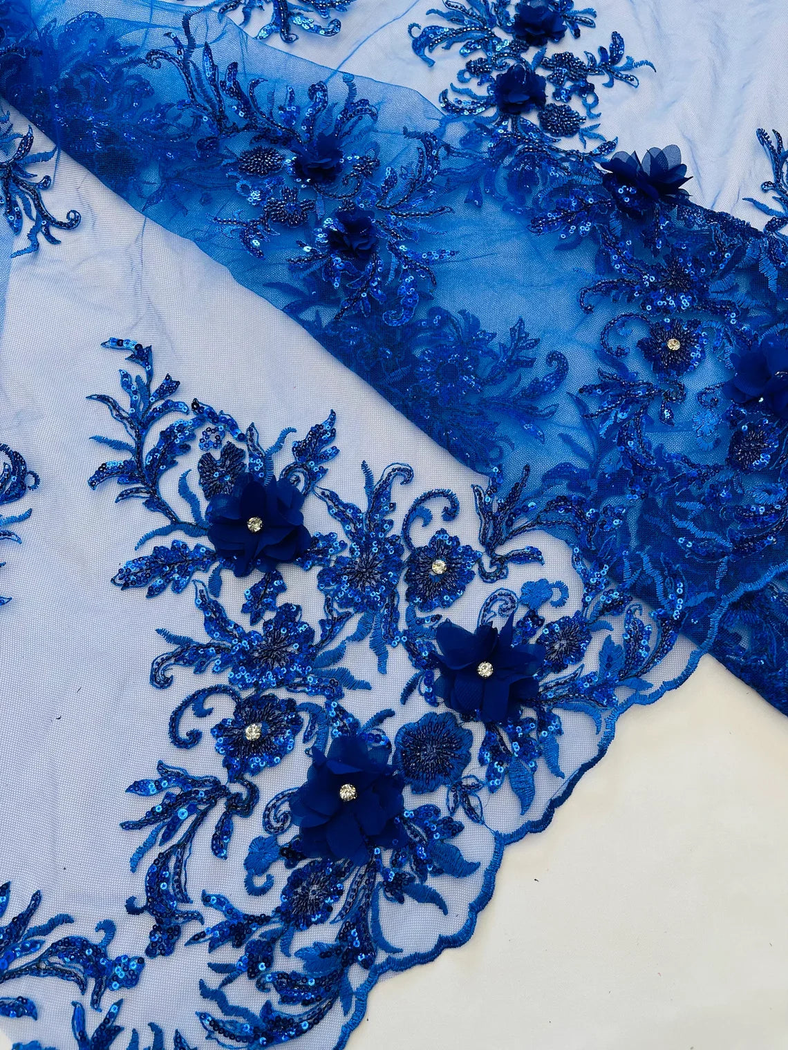 3D Floral Rhinestone Fabric - Royal Blue - Beaded Flower Clusters with Rhinestones and Sequins By Yard