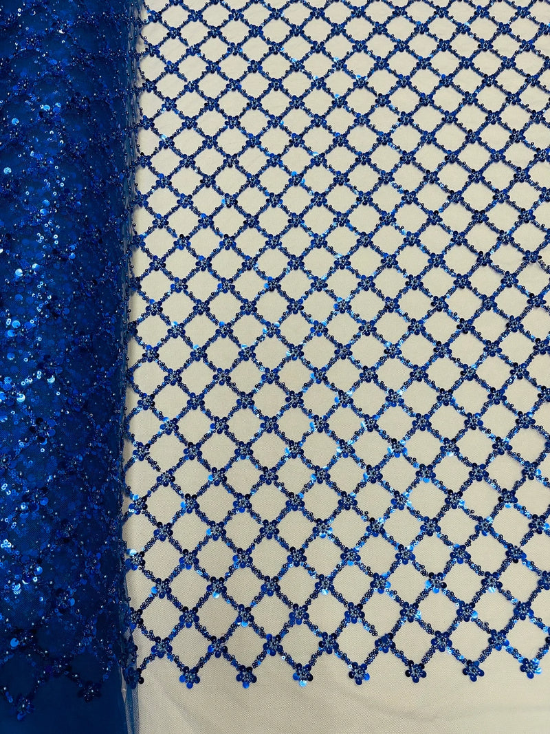 Beaded Diamond Net Fabric - Royal Blue - Embroidered Geometric Beaded Sequins Fabric Sold By Yard