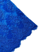 Floral Damask Lace Fabric - Royal Blue - Embroidered Damask Flowers on Lace Fabric By Yard