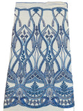 Wavy Design Fabric with Leaves - Royal Blue - Elegant Beaded Design Embroidered on a Mesh Sold By Yard