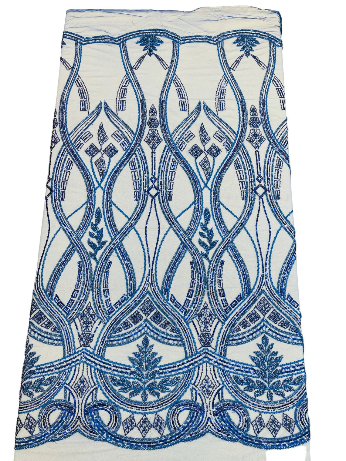 Wavy Design Fabric with Leaves - Royal Blue - Elegant Beaded Design Embroidered on a Mesh Sold By Yard
