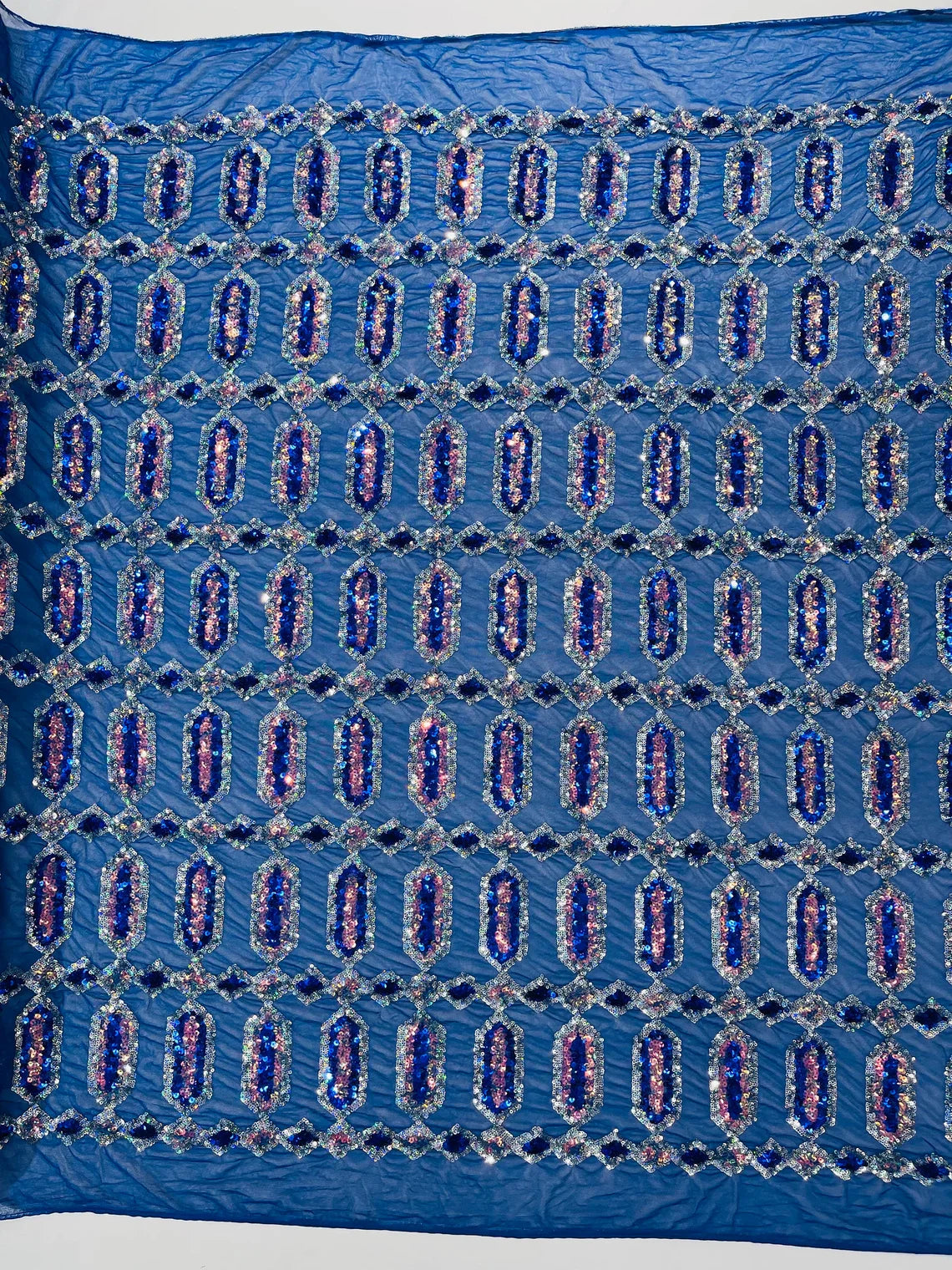 Fancy Gem Jewel Fabric - Royal Blue - Geometric Stretch Sequins Design on Mesh By Yard