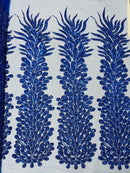 3D Beaded Peacock Feathers - Royal Blue - Sequins Embroidered Beaded Vegas Design On a Mesh Lace Fabric (Choose The Panels)