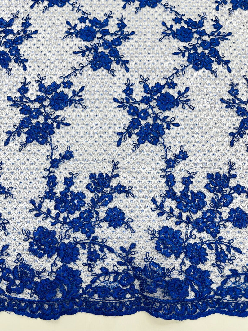 Embroidered Corded Lace Fabric - Royal Blue - Cluster Fancy Flower Embroidered Lace Fabric By Yard